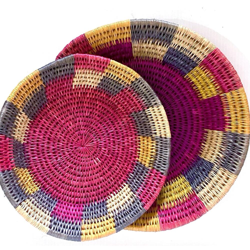 African Coil Basket vibrant Mosaic Estwani Artisan Set of 2 Colorful Grass Trays
